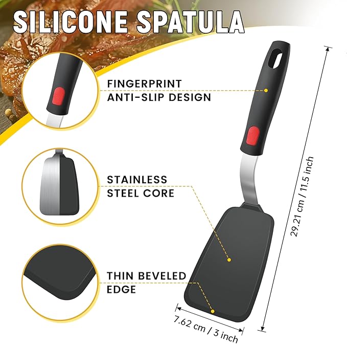 Flexible Silicone Spatula Turner, Heat Resistant Silicone Turner for Non-Stick Cookware, BPA-Free Food Grade Kitchen Spatula Utensils, Ideal for Flipping Eggs, Burgers, Pancakes, 11.8 x 2.4 in, Black