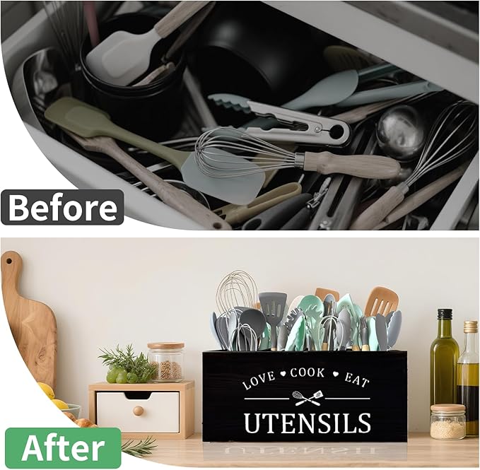 Extra Large Kitchen Utensils Holder with 4 Compartments, Wooden Storage Utensil Holder Organizer for Counter or Countertop, Farmhouse Decor, Rustic Cooking Utensil Kitchen Tool