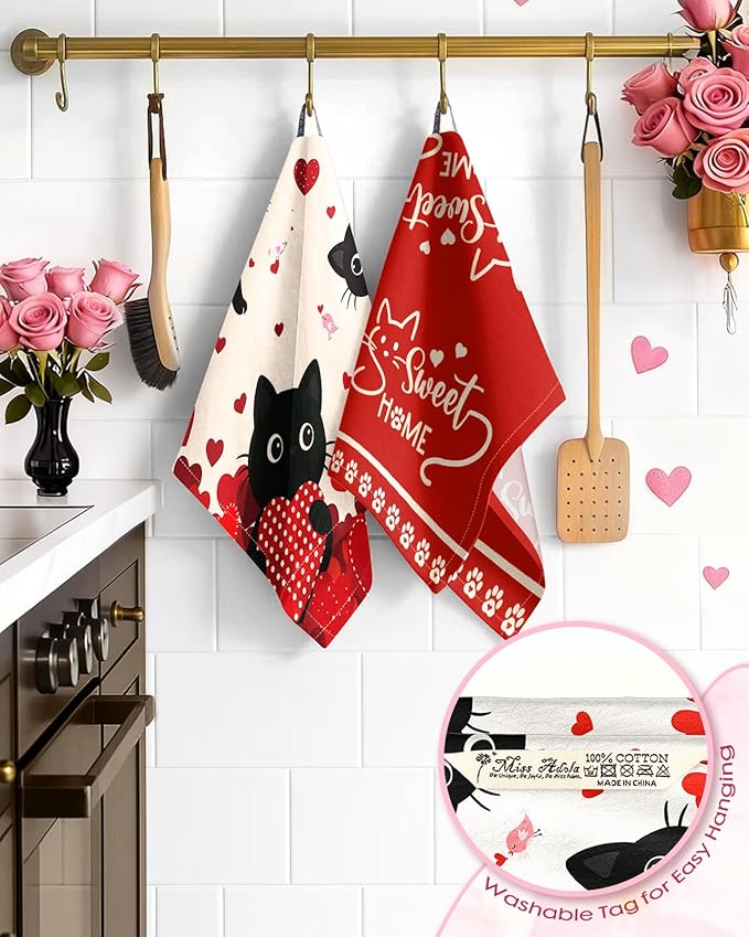 Miss Adola Valentine Day Kitchen Towels Set of 2 - Flour Sack Tea Towels with Hanging Loop 18x26 Inch Sweet Home Hand Dish Cloths Red Hearts Cats Absorbent Reusable Dishcloths Cute Valentine Decor