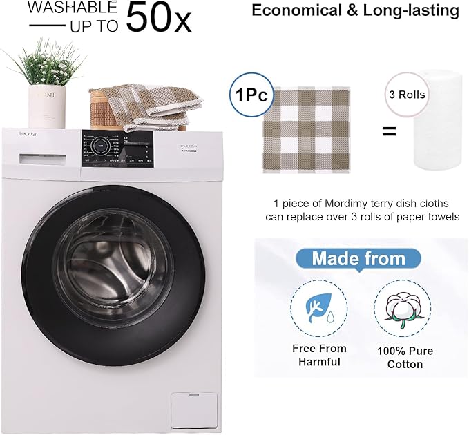 Mordimy 100% Cotton Waffle Weave Plaid Dish Cloths, 12 x 12 Inches, Super Soft and Absorbent Quick Drying Buffalo Check Dish Rags for Kitchen, 12-Pack, Khaki & White