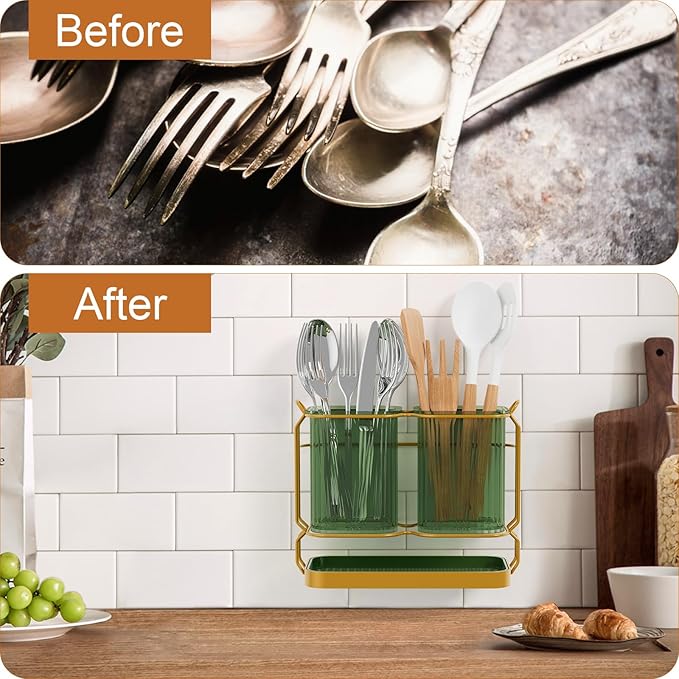 Kitchen Utensil Holder Wall Mount, 6.7" Silverware Holder for Kitchen Countertop, Toothbrush Holders Utensil Drying Holder with Drain Tray for Silverware,Spatula (Green)