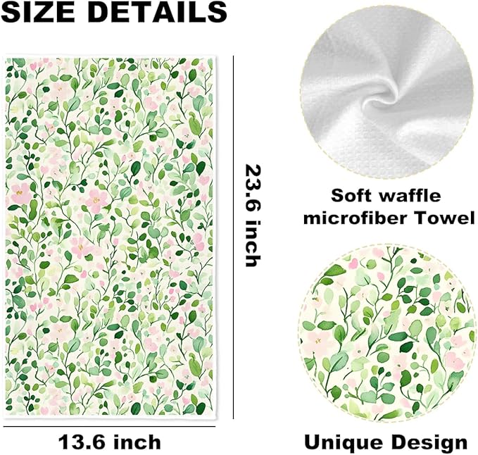 3 Pcs Watercolor Flower Checkered Kitchen Towels, Spring Summer Plant Decorative Absorbent Microfiber Dish Cloth Tea Towel, Aesthetic Waffle Soft Hand Towels for Farmhouse Home Bathroom