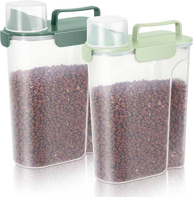 LEAWALK 5-7Lbs Dog Cat Food Storage Container with Upgraded Large Nozzle BPA-free, 4 Snap Seals Plastic Pet Food Storage Containers with Handles (Green+Dark Green, 5L-2pack)