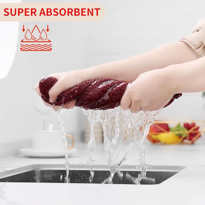 Kitinjoy 100% Cotton Waffle Weave Kitchen Hand Towels (13 X 28 Inches, Burgundy), 4-Pack Super Soft and Absorbent Dish Towel for Drying Dishes