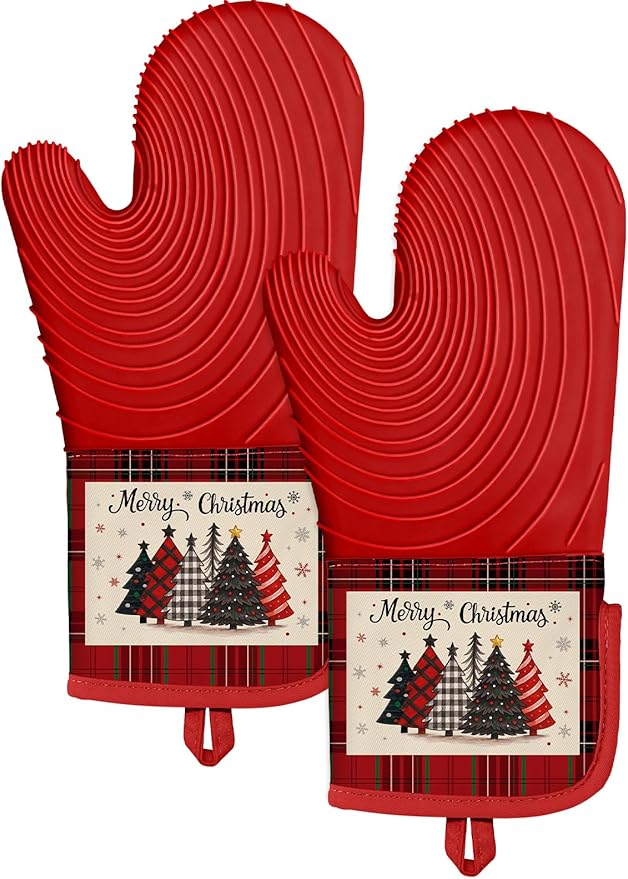 Slohif Long Silicone Oven Mitts Heat Resistant for Women - 2 Pcs Christmas Tree 100% Cotton Oven Gloves, Non-Slip and Waterproof Silicone Oven Mitts with Hanger for Baking and Cooking
