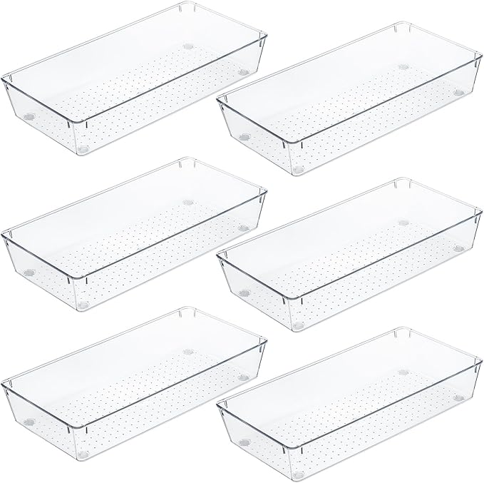 Kingrol 6 Pack 12 x 6 x 2 Inch Clear Drawer Organizer Trays, Desk Drawer Divider Storage Bins, Storage Box Set for Utensils Junks Vanities Makeups Jewelry Office Craft Supplies