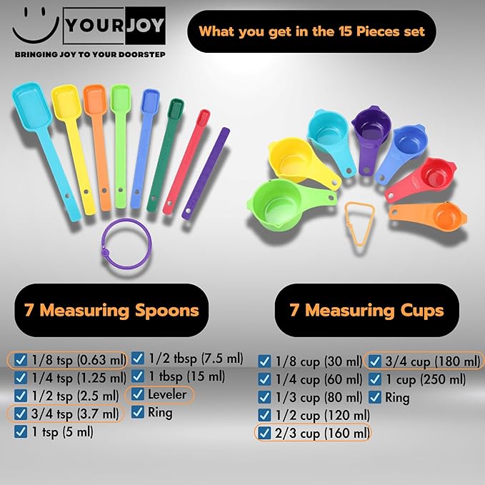 15 Pieces Colorful Plastic Measuring Cups and Spoons Set for Accurate Dry & Liquid Ingredients Measurements, Ideal Kitchen Set for Baking & Cooking – Premium, Durable, Easy-to-Use Set
