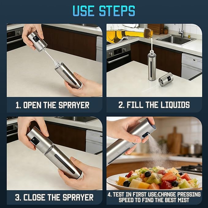Olive Oil Sprayer for Cooking, Olive Oil Mister Spray Bottle for Cooking, Oil Dispenser Spritzer Bottle for Kitchen, SUS304 Stainless Steel, 100ml, Leak-Proof and Portable.