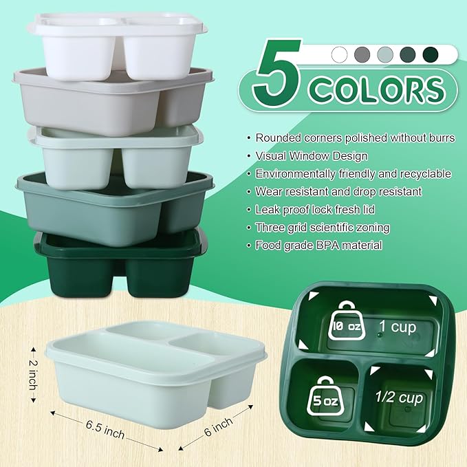 Honeydak 5 Pack Snack Containers 3 Compartment Bento Snack Boxes Divided Meal Prep Containers with Lids Reusable Adults Lunch Food Storage Box for School Work Travel(Sage Green)