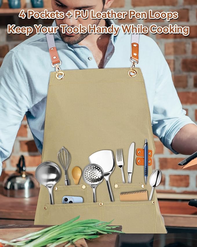 Teskyer Kitchen Cooking Apron with Pockets, Water Oil Resistant, Canvas Cross Back Aprons for Men Women Chef Server