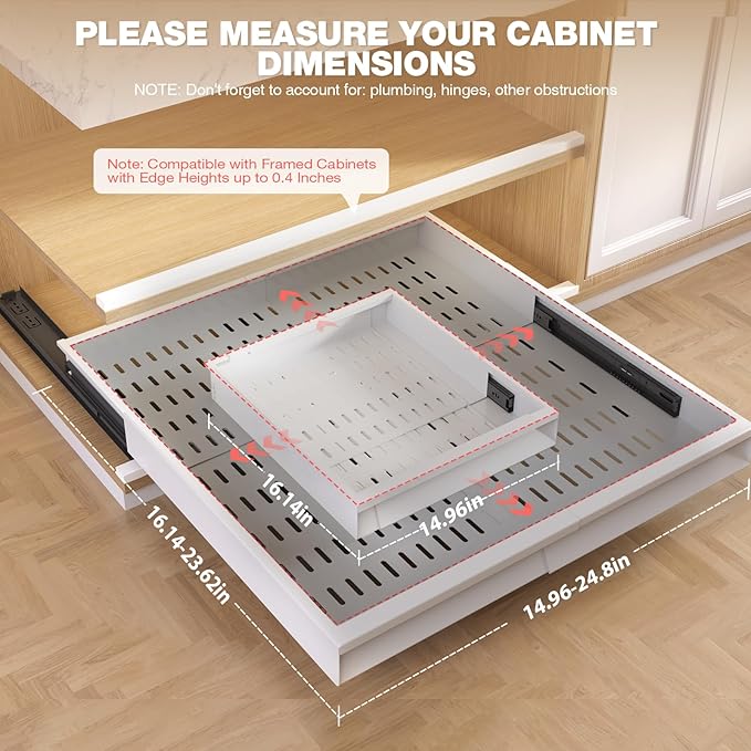 Seinloes 2 Pack Pull Out Cabinet Organizer With Raising Pad for Framed Cabinets,Expandable Width (15"-25") and Depth (17"-24"),3 Slide Rails Slide Out Drawers with Handle,No-Drill Roll Out Shelf,White