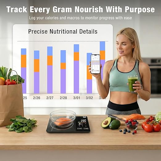 Smart Nutrition Food Scale with TFT Display, Diyife Kitchen Scale with Nutritional Calculator, Calorie, Fat, Carb, Protein Tracking, 50 Food Preload, Support for App Customization, Battery-Powered