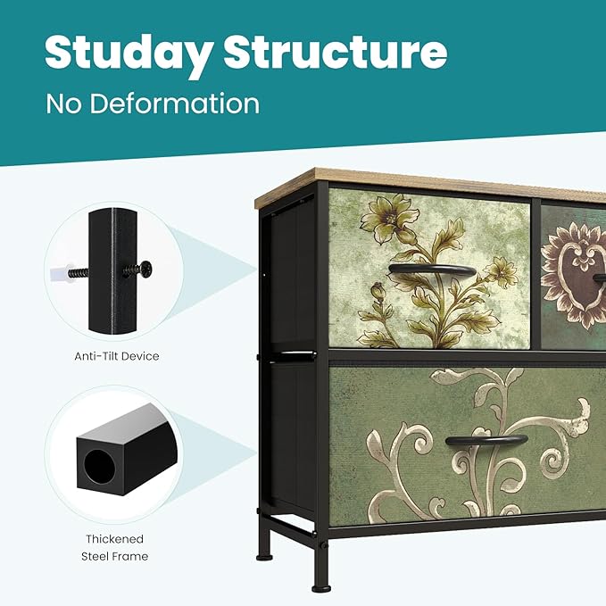 OLIXIS Dresser for Bedroom with 5 Drawers, Wide Chest of Drawers, Fabric Bedroom Dresser with Drawer Organizer, Storage Organizer Unit with Fabric Bins for Closet, Living Room, Hallway, Flower