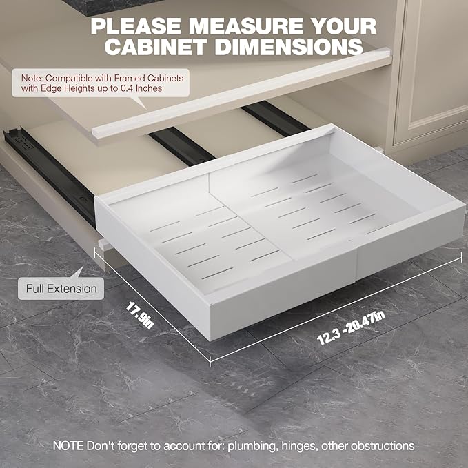 Seinloes 2 Pack Pull Out Cabinet Organizer 18" Deep,Full Extension 3 Slide Rails Slide Out Drawers With Raising Pad for Framed Cabinets,Expandable Width (12.3"-20.5"),No Drill Roll Out shelf,White