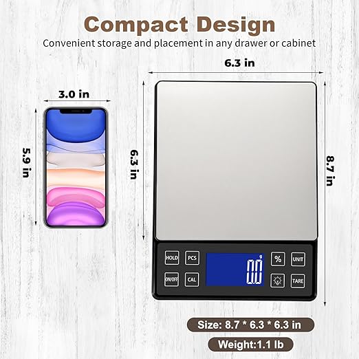 SEMIER Digital Kitchen Scale with 0.1g/0.001oz High Precision, 5kg/11lb Food Bakery Scale with% Percentage Function, Tare Function, USB Rechargeable or AAA Battery Power, Stainless Steel Pan