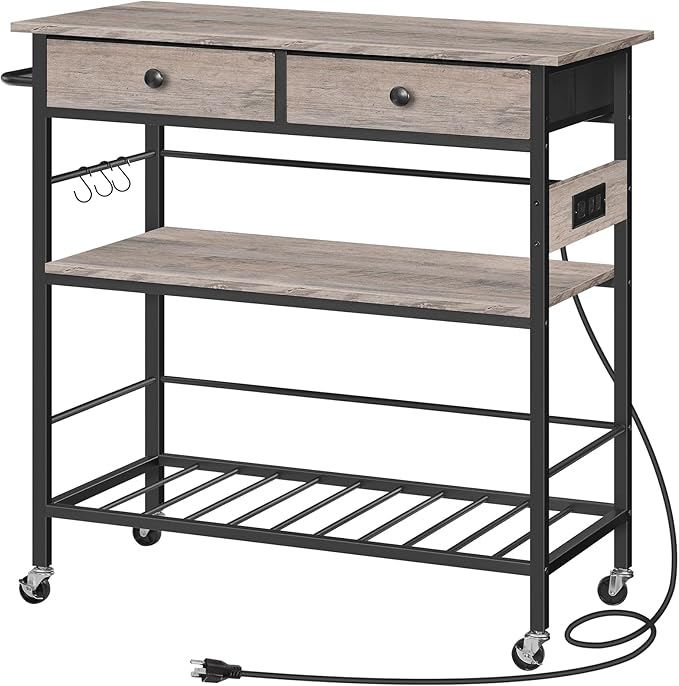 HOOBRO Kitchen Island with Storage, Rolling Island Cart for Kitchen with 2 Drawers & Outlet, 3 Tier Coffee Station and Microwave Stand, Kitchen Island Table for Home, Greige BG08UZD01