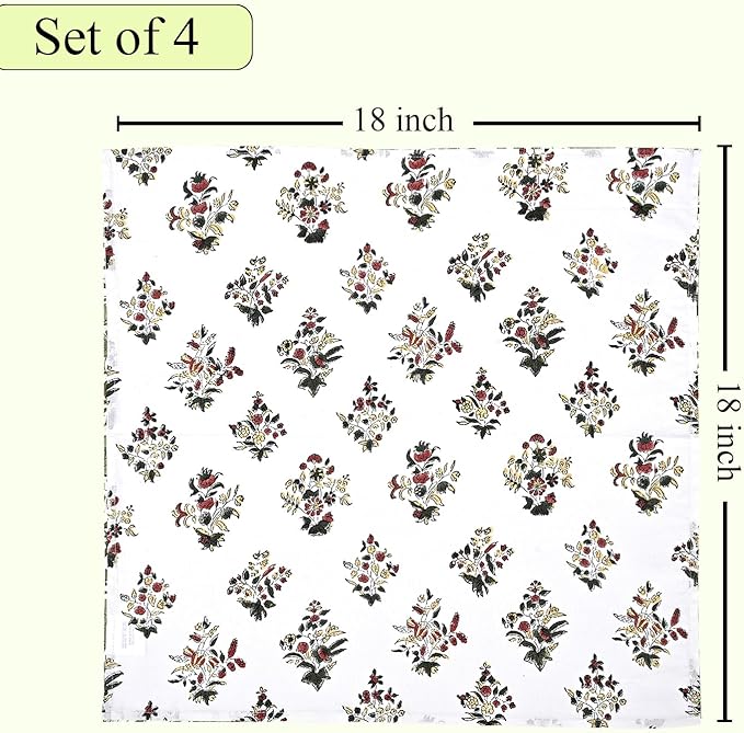 CPC Cloth Napkins Set of 4 Cotton Printed Dinner Hand Print Napkins I Wedding Cocktail Cloth Floral Napkins I 18x18 in I Fall Green