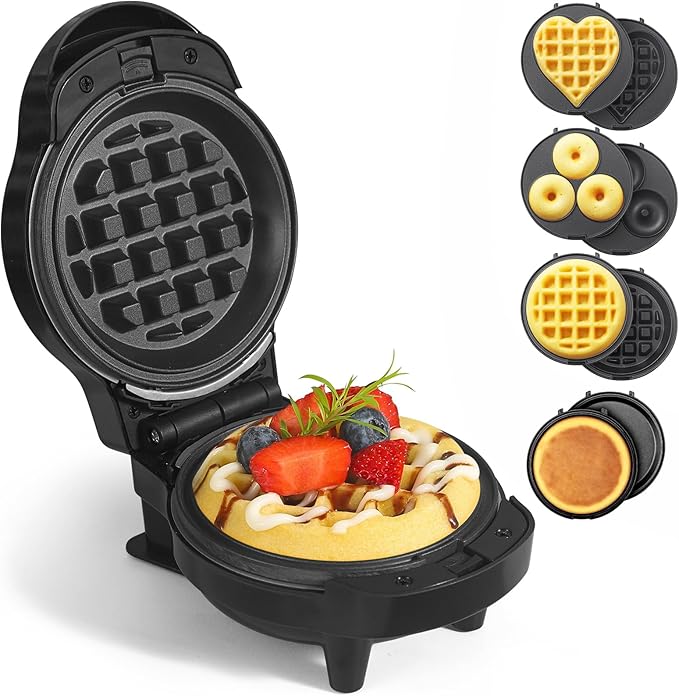 UVFAST Mini Waffles Maker with 8 Removable Plates, 4 in 1 Small Waffle Maker Mini- Waffle, Heart Waffle, Pancake, Donut, 4.5" Non Stick Waffle Iron for Kids and Families, Black