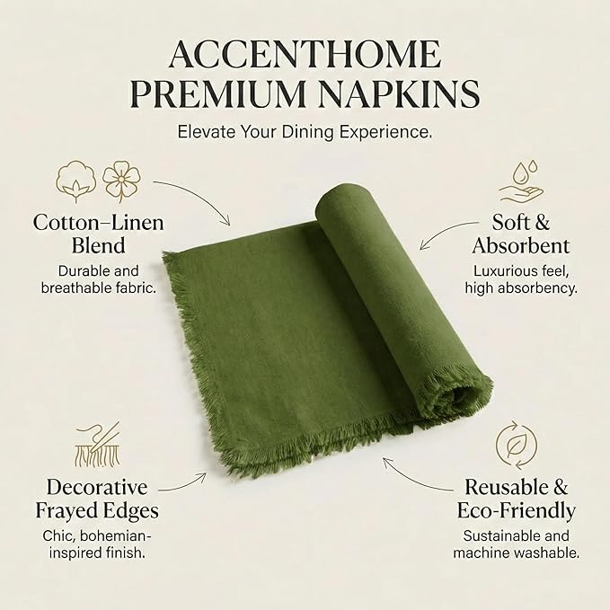 ACCENTHOME Olive Green Cotton Linen Napkin Set of 6 - 18x18 inch Dinner Napkins - Washable Soft Premium Hotel Quality Reusable Napkins Perfect for Family Dinners, Weddings & Everyday Use