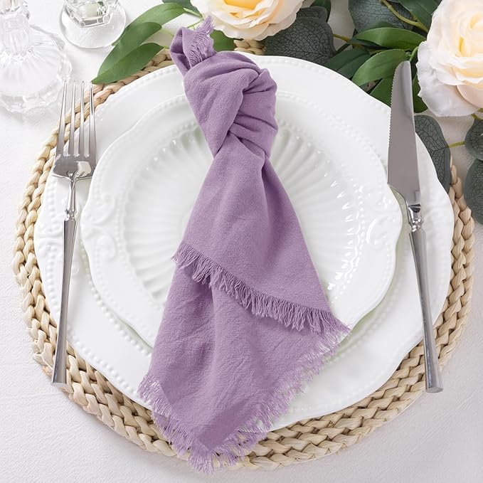 DeZerlor 12 Pack Purple Cotton Linen Napkins with Fringe Spring Cloth Napkins Set of 12 Boho Handmade Dinner Napkins Bulk for Wedding Bridal Baby Shower Parties, 17 x 17 Inches