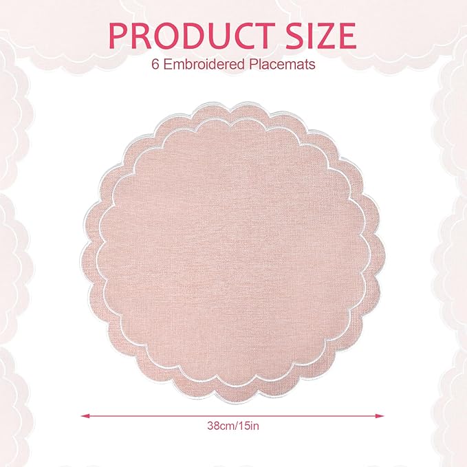 Set of 6 Cotton Linen Placemats, 15 Inch Scalloped Flower Embroidery Cloth Table Mats Double Layered Fabric Machine Washable Wrinkle Free Dining Placemat for Hotel Restaurant Kitchen, Pink