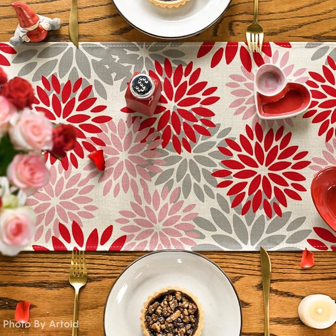 Artoid Mode Red Pink Dahlia Floral Pinnata Valentine Table Runner, Summer Kitchen Dining Table Decoration for Home Party Decor 13x72 Inch