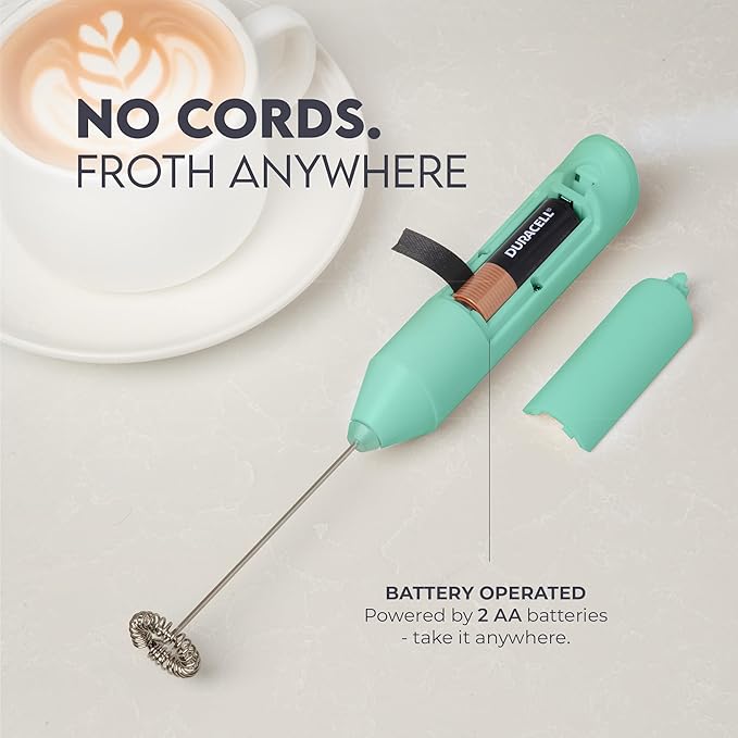 Zulay Kitchen Powerful Milk Frother AA Batteries Included – Ultra Fast Handheld Drink Mixer with Stainless Steel Whisk Stirrer for Coffee, Protein, Matcha & More, Frother Wand Electric Frothmate Mint