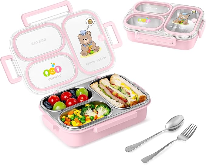 SAYAPE Stainless Steel Bento Lunch Box for Kids, 26.4 oz Leak-Proof 3-Compartment Metal Bento Box, BPA-Free, Cute Cartoon Meal Prep Snack Container with Utensils for School, Office, Travel - Pink