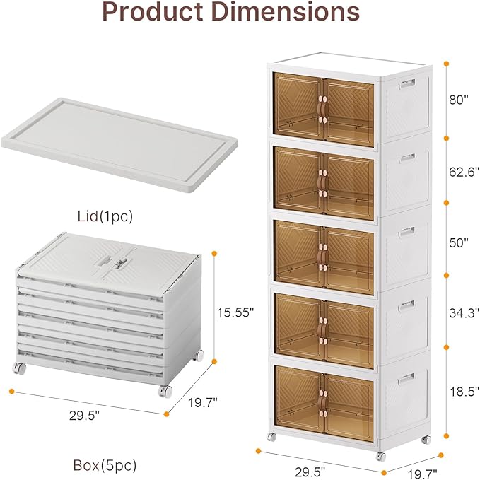 UAMFURI Stackable Storage Bins with Lids, 900QT Closet Organizers, Lockable Storage Cabinet，Foldable Storage Box with Doors and Wheels, Plastic Drawers for Home, Garage, Office (5, White, Extra Large)