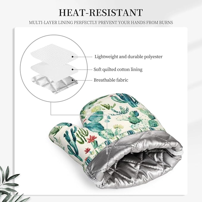 Cactus Silicone Oven Mitts Set of 2, Heat Resistant up to 500°F, Kitchen Oven Gloves with Non-Slip Grip and Soft Cotton Lining for Baking, Cooking and BBQ