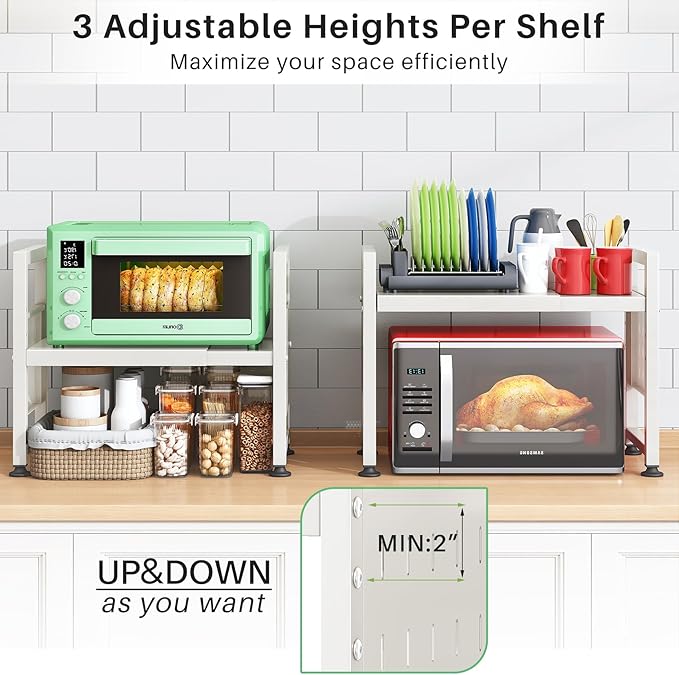 Microwave Stand, 2-Tier Expandable(17.4"-27.4") Microwave Oven Rack, Heavy Duty Adjustable Shelf with 9 hooks, Kitchen Organizer Storage Shelves for Pantry, Countertop, Coffee Bar, Office, Dorm, White