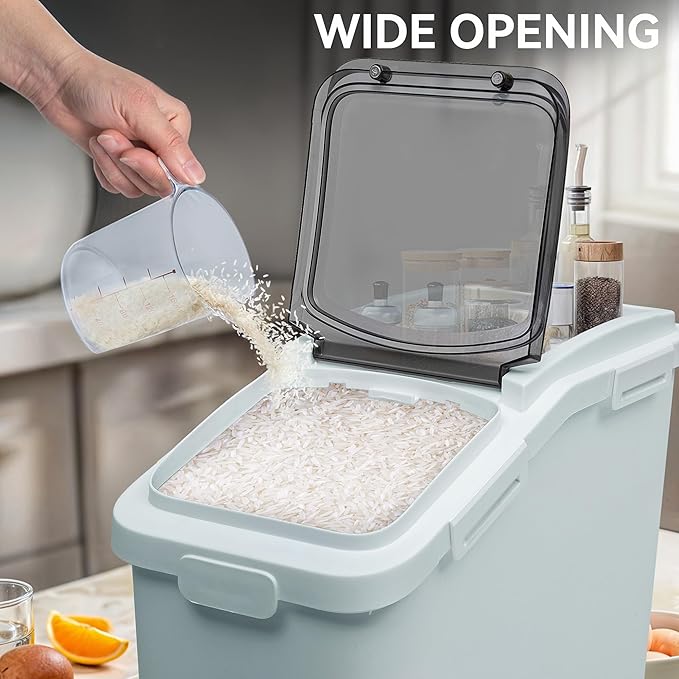 YITAHOME Large Flour & Rice Food Storage Bins, 11.4-Gallon with Wheels, Scoop and Airtight Lid for Bulk Cereal Grain, Sugar - Gray