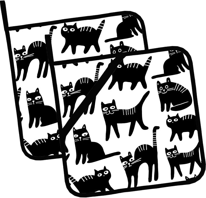 Cute Smile Black Cat Pot Holders Set of 2,Kitchen Heat Resistant Potholder for BBQ Cooking Baking,Food Hot Pad for Women Men
