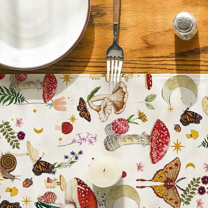 Artoid Mode Beige Modern Mushroom Table Runner, Seasonal Botanic Farmhouse Kitchen Dining Table Decoration for Home Party Decor 13x72 Inch