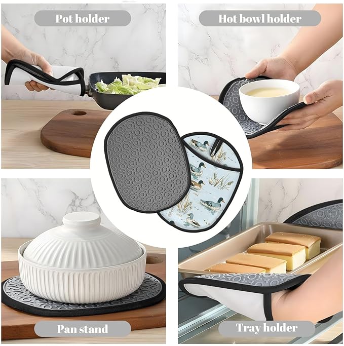Duck Silicone Pot Holders Set of 2, Heat Resistant up to 500°F, Non-Slip Kitchen Hot Pads with Pocket and Soft Quilted Cotton Lining for Baking, Cooking and Hot Pots