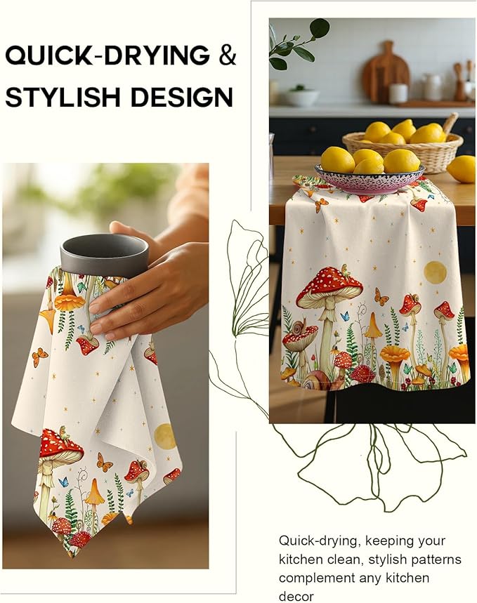 Miss Adola Flour Sack Kitchen Towels - Set of 2 Spring Dish Towels with Hanging Loop 18x26 Inch Absorbent Reusable Cotton Cloths for Cleaning Cute Design Home Decorative Housewarming, Mushroom Moon