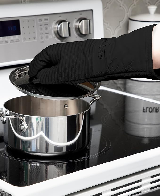 All-Clad Silicone Oven Mitts: Heat Resistant up to 500 Degrees - 100% Cotton & Silicone, 14"x7" Oven Mitt for Kitchen and Barbecue, 2-Pack, Black