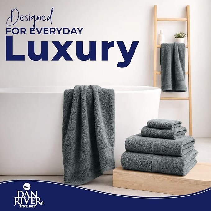 DAN RIVER 8 PC Luxury Bath Towels for Bathroom, 2 Bath, 2 Hand, and 4 Wash Cloths, 600 GSM 100% Ring Spun Cotton Towel Set, Highly Absorbent, Gym, Hotel, and Spa, Grey