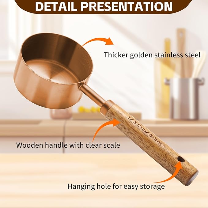 Copper Stainless Steel Measuring Cups and Spoons Set,8 Piece Measuring Cup Set with Wooden Handle and Metric and US Measurements，Copper Polished Finish，for Cooking and Baking in The Kitchen