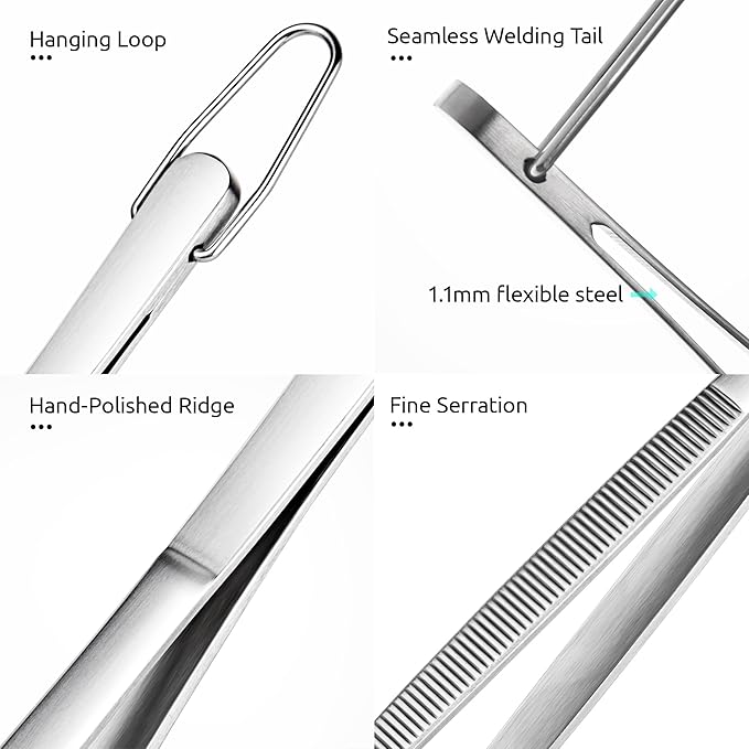 U-Taste 12" Kitchen Cooking Tweezer Set: 18/8 Stainless Steel Food-Grade Metal Food Tong, Flexible Pinching, Seamless-Welding, Sturdy and Non-Slip for Serving, Grilling, Frying (Round & Pointed Tip)
