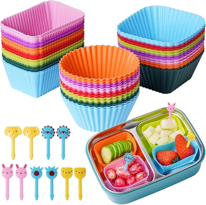 Doiaz Silicone Lunch Bento Box, 52 Pack Bento Lunch Box Bundle Dividers with Food Picks Lunch Accessories, Durable, Reusable, BPA-Free, Freezer and Dishwasher Safe