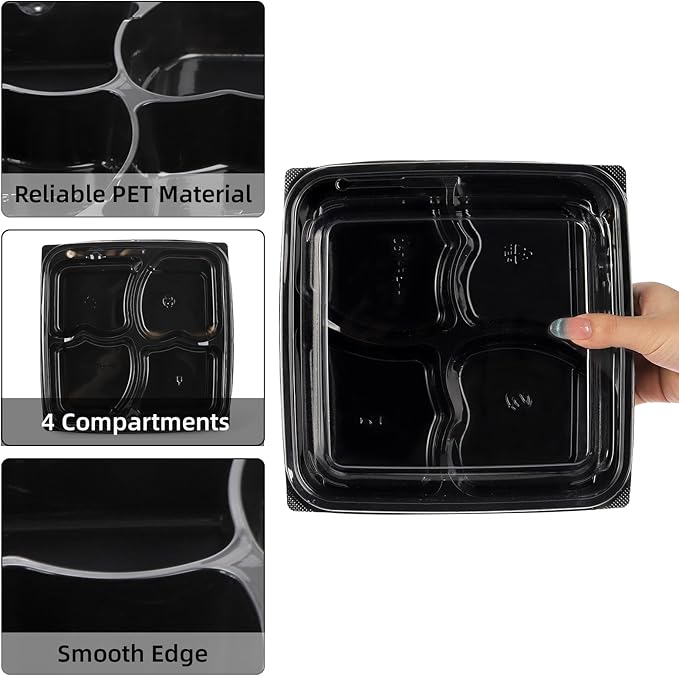 Noamus 30 Pack (60-Pcs) Meal Prep Containers, 4 Compartment Bento Lunch Box with Lid, Disposable Plastic Food Storage To Go, 34oz Portion Control Take Out Box for Adult, Not Microwave Dishwasher Safe