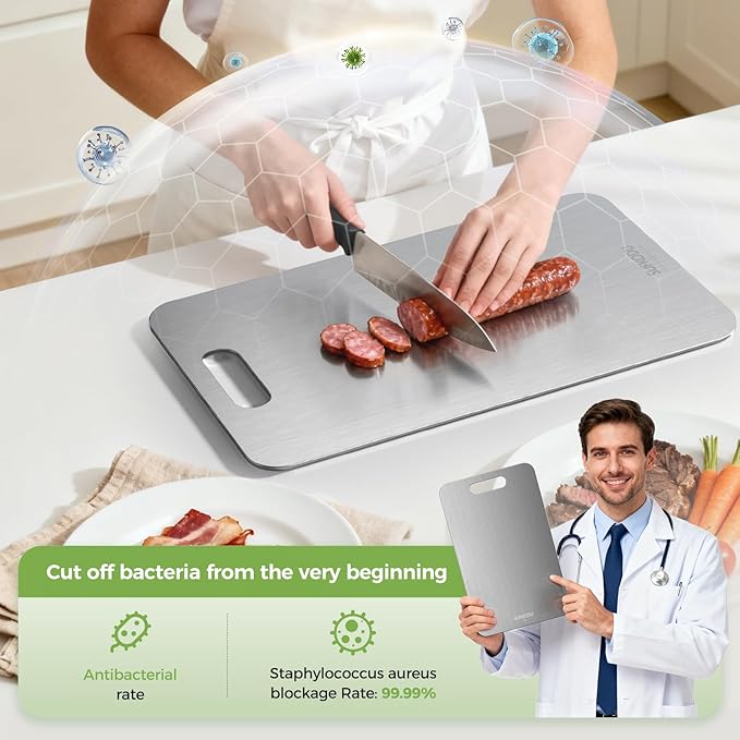 Titanium Cutting Board, 100% Pure Titanium Cutting Boards for Kitchen, Double-sided Titanium Cutting Boards,Separate Raw and Cooked Food Areas,Non-Toxic,Dishwasher Safe 13”L × 8”W
