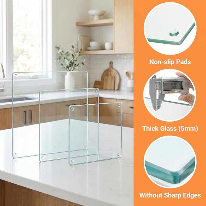 Hacaroa 6 Pack Tempered Glass Cutting Board for Kitchen, 8/10/12 Inch Square Chopping Board with Rubber Feet, Clear Non-slip Countertop Protector Pallette Mat, Heat Resistant, Easy to Clean, 3 Sizes