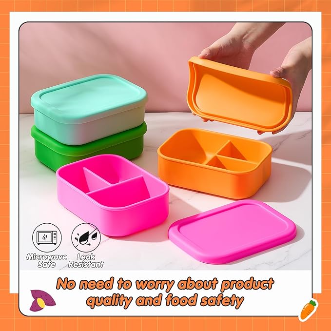 Layhit 4 Pcs Silicone Bento Box for Adults, 27 oz Bento Lunch Container Reusable 3 Compartment Lunchable Food Container for Women Men, Leak Proof Microwave Dishwasher Freezer Safe (Vivid Colors)