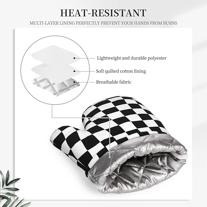 Black White Checkered Oven Mitts and Pot Holders Sets of 4, Heat Resistant Silicone Oven Mittens and Potholders Gloves Hot Pads for Kitchen Cooking Baking Grilling BBQ Chef