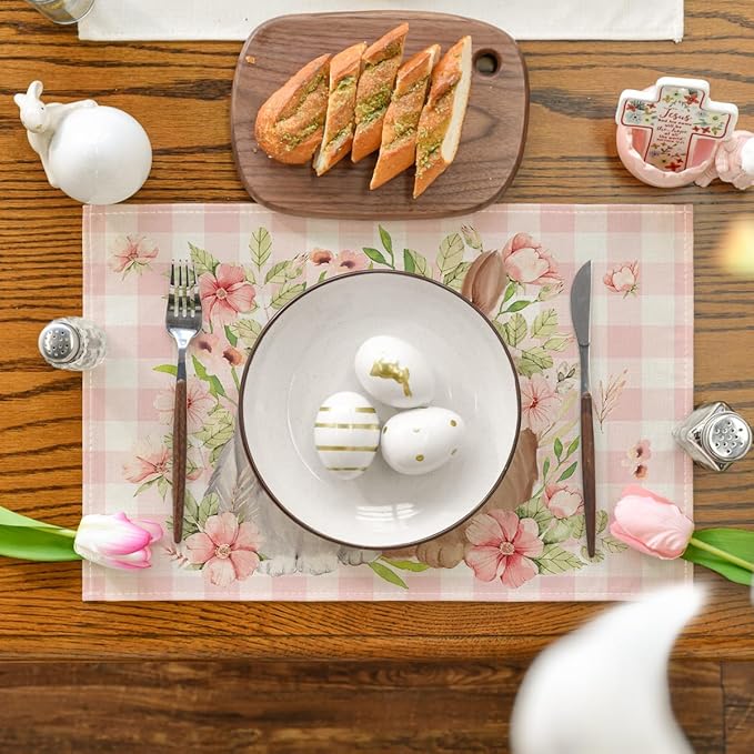 Artoid Mode Bunny Rabbit Flowers Pink Buffalo Plaid Easter Placemats Set of 4, 12x18 Inch Spring Table Mats for Party Kitchen Dining Decoration