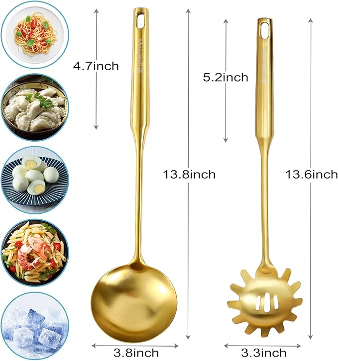 Gold Soup Ladle - Stainless Steel Ladle Spoon, 13.8"Large Soup Spoons [Integral Forming, Heat Resistance] Kitchen Metal Ladel for Cooking, Serving, Stirring, Canning，Sauce, Wok & Soup, Christmas Gifts