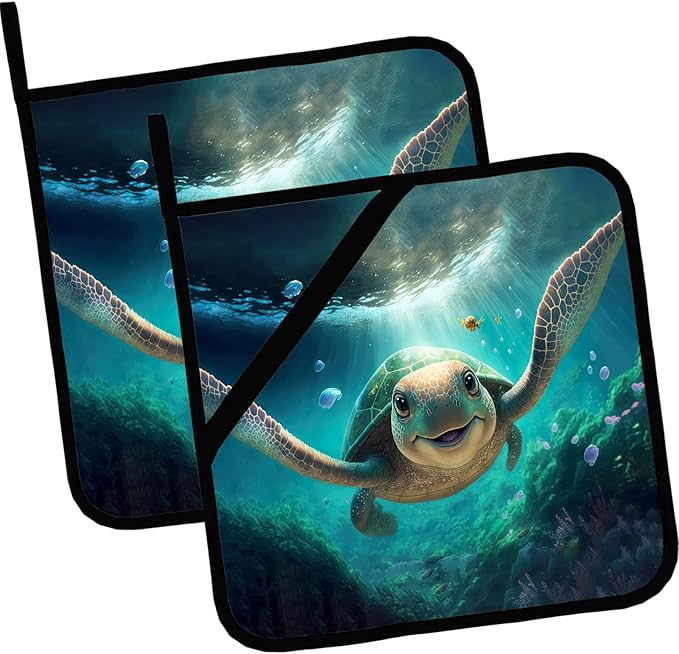 Cute Turtle Pot Holders Set of 2,Sea Animals Kitchen Heat Resistant Potholders for Microwave Cooking Baking Oven and BBQ Gifts for Women