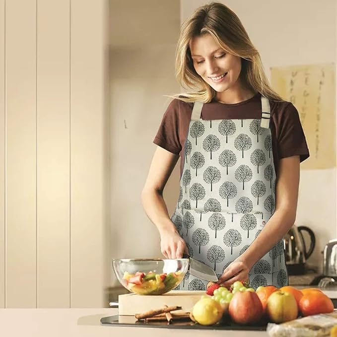 NLUS 2 Pack Waterproof Cooking Aprons, Adjustable Bib Soft Chef Apron with 2 Pockets for Men Women (Gray Stripe/Gray Trees)